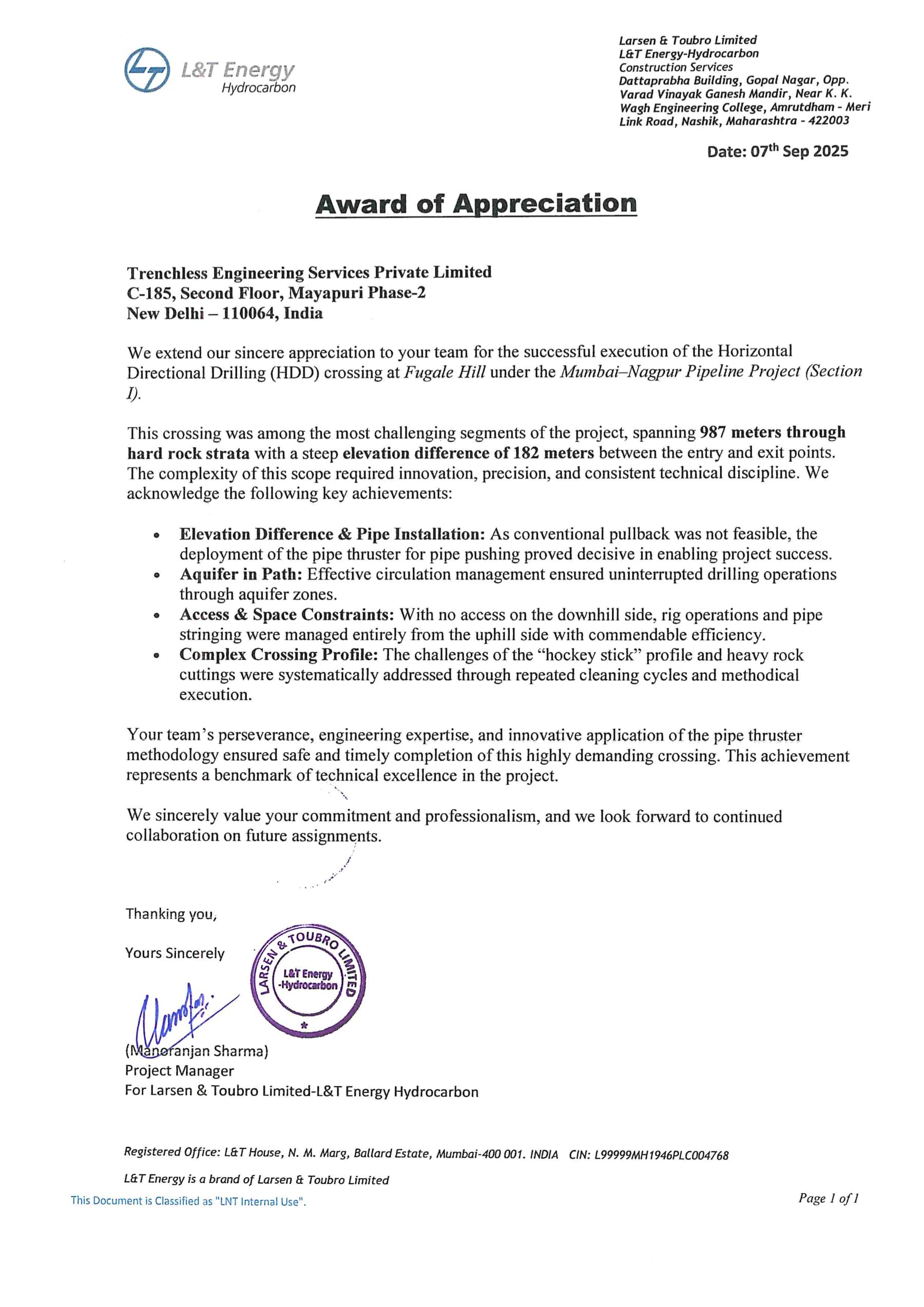 Award of Appreciation — Fugale Hill HDD Crossing — Larsen & Toubro Limited — L&T Energy Hydrocarbon