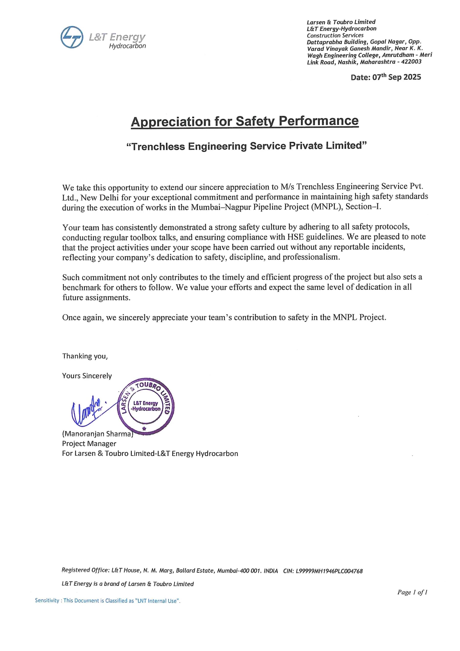 Appreciation for Safety Performance — MNPL — Larsen & Toubro Limited — L&T Energy Hydrocarbon