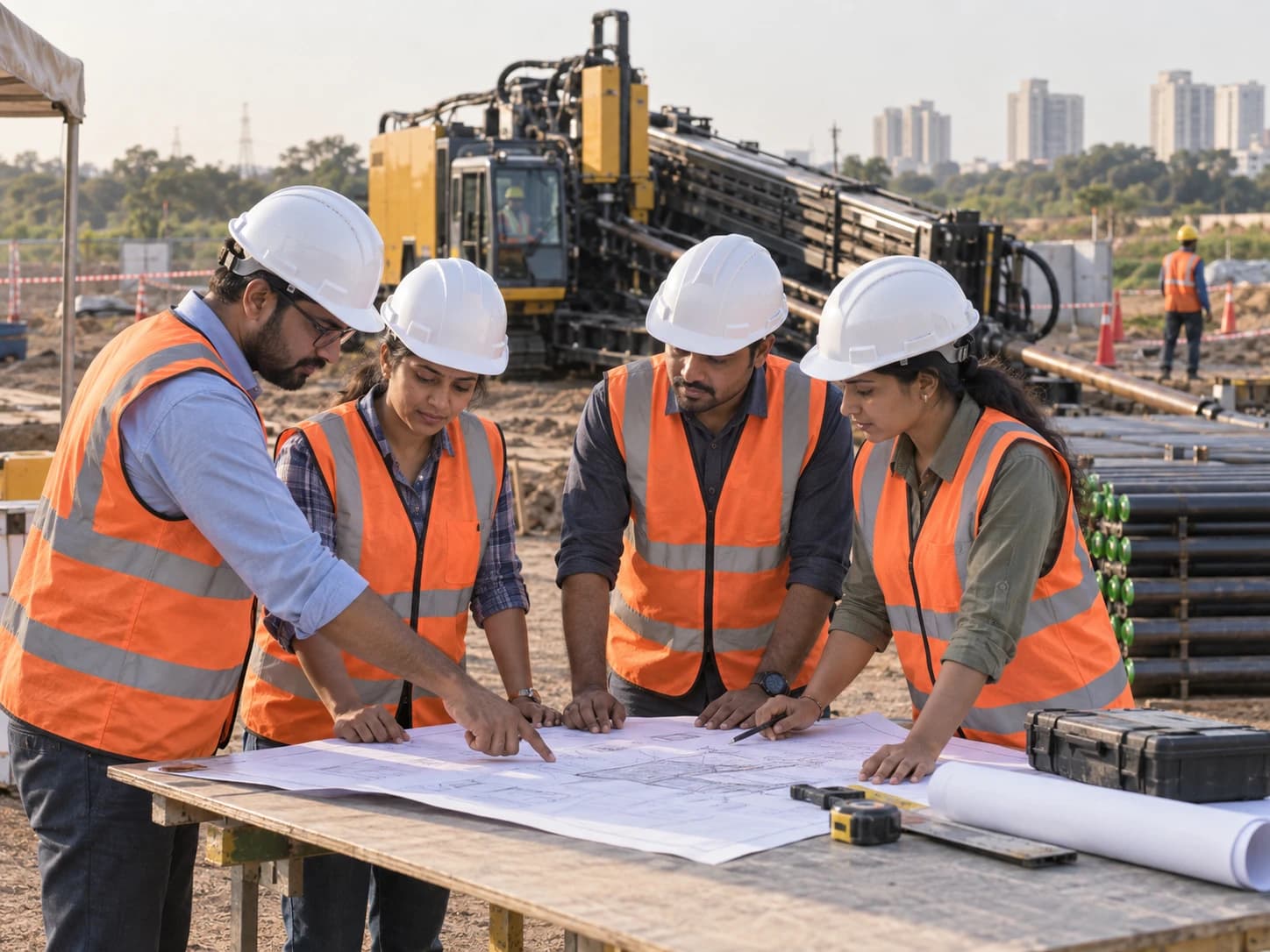Engineers in protective equipment collaborating over a site drawing