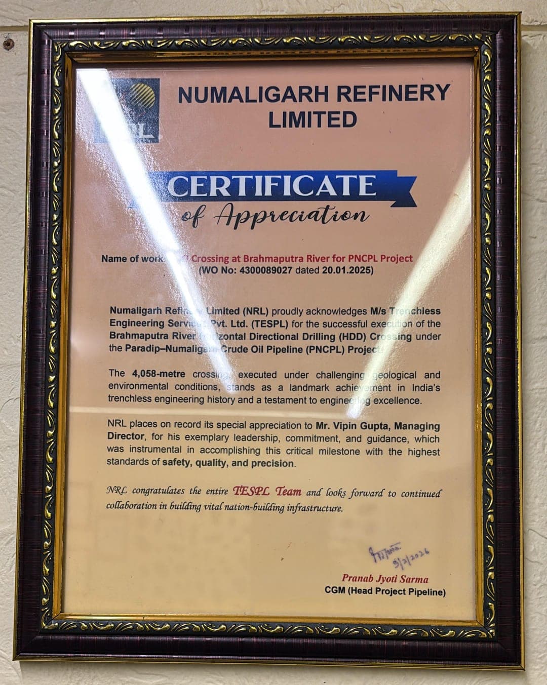 Certificate of Appreciation — Brahmaputra River Crossing — Numaligarh Refinery Limited