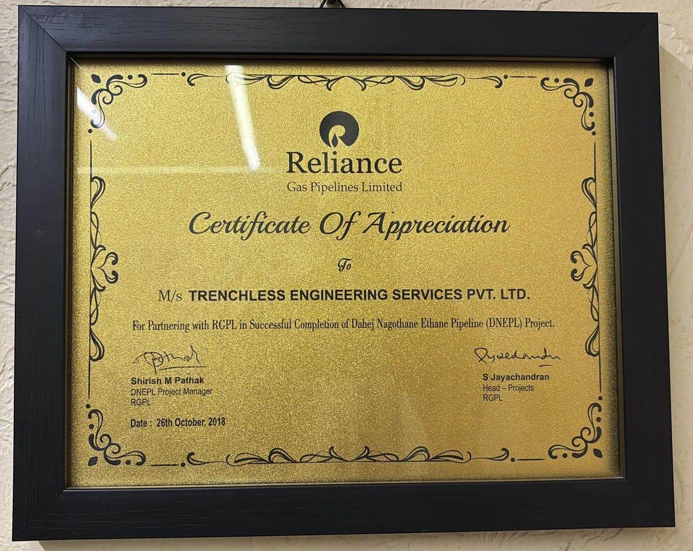 Certificate of Appreciation — DNEPL Project — Reliance Gas Pipelines Limited