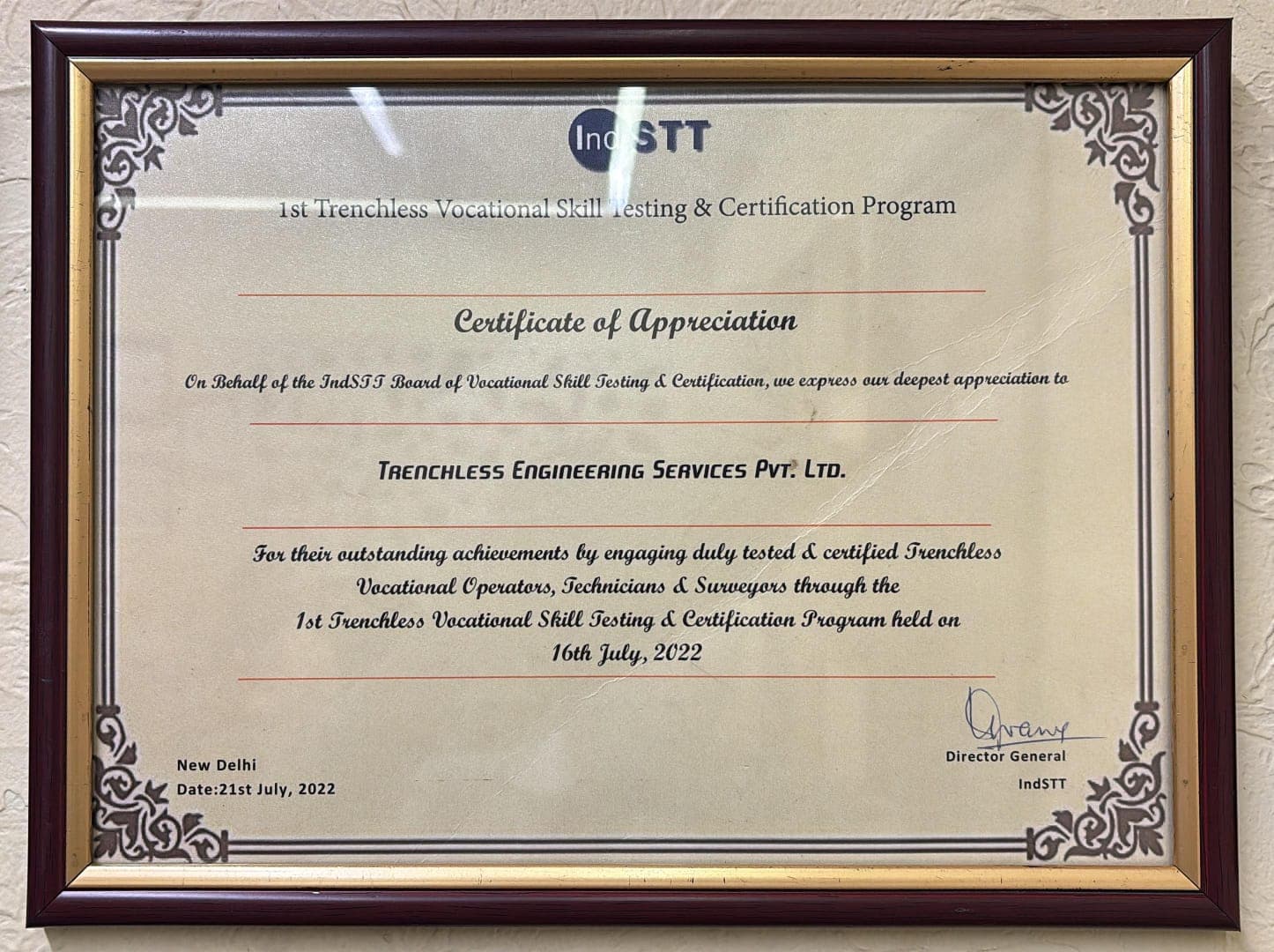 Trenchless Vocational Skills — Certificate of Appreciation — Indian Society for Trenchless Technology