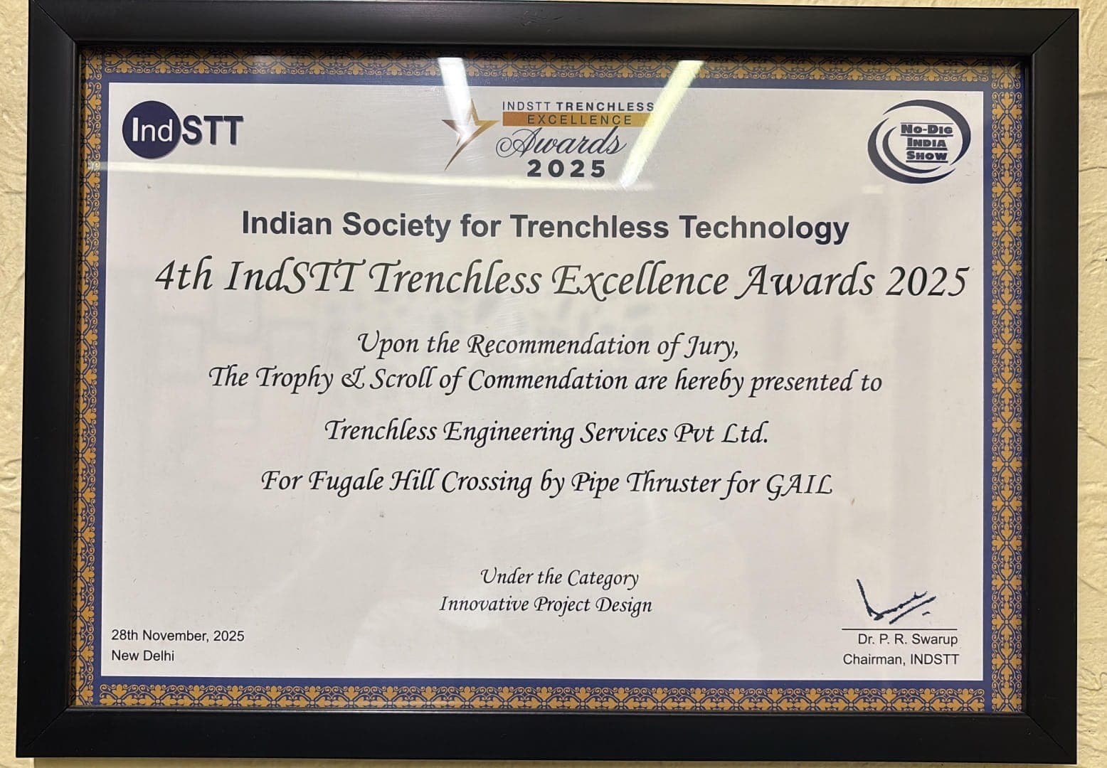 Scroll of Commendation — Fugale Hill — Indian Society for Trenchless Technology